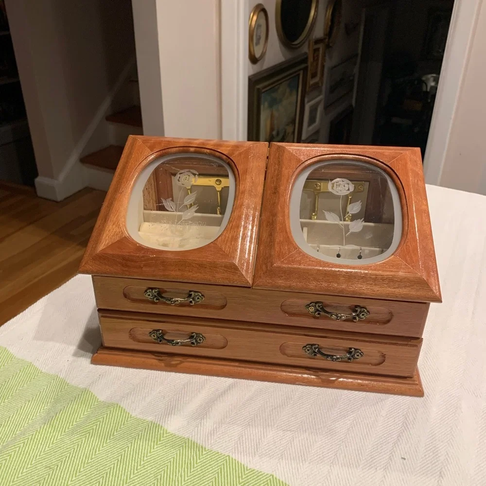 Vintage Jewelry Box, Etched Roses Glass doors Wooden Jewelry Box